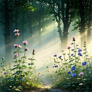 Nature Woodcut Print: Wildflowers In Misty Environment With Image, There