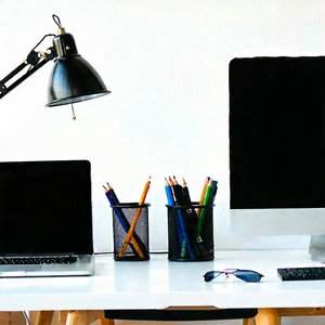 Business Minimalist Design: Workplace With Productivity Tools On Desk With White Desk
