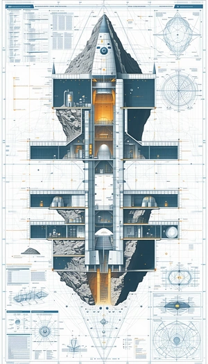 The Image Is A Blueprint Of A Large Building, Possibly A Space Station Or A Futuristic Structure
