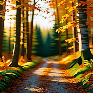 Nature Lithograph: Path Through Autumn Woodland With Beautiful Forest