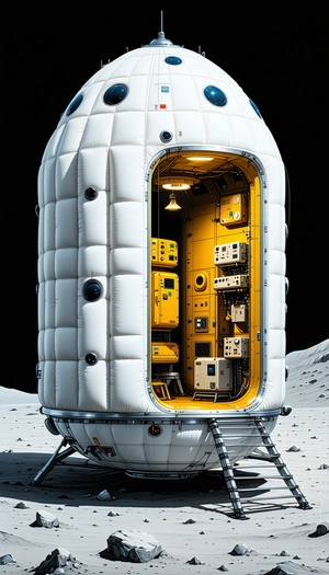 A Large White Spacecraft With A Yellow Door, Which Is Parked On A Rocky Surface