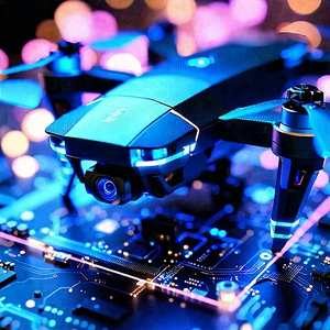 Tech Etching: Drone With Holographic Display With Blue Drone