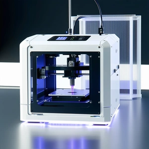 A White 3d Printer Is Sitting On A Table, With A Blue Light Illuminating The Bottom Of The Machine