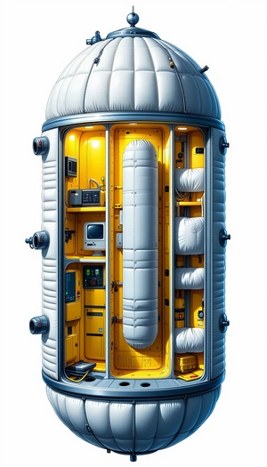 A Large, Yellow, Cylindrical Spacecraft Is Shown In A Computer-generated Image