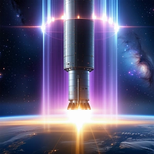 A Rocket Launching Into Space, With Its Booster Rockets Lit Up