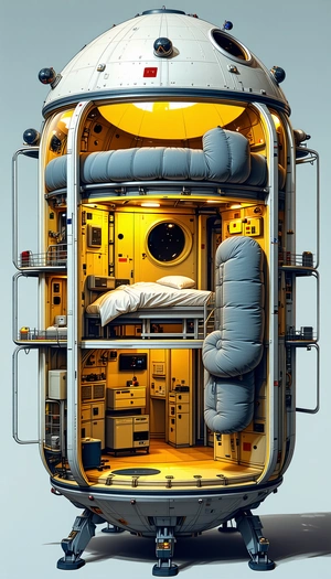 In The Image, There Is A Futuristic-looking Space Station With A Bedroom And A Kitchen