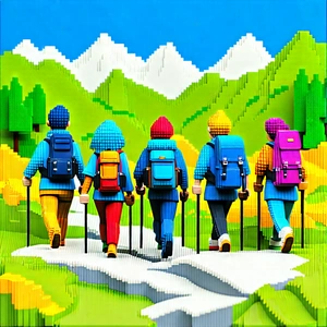 Lifestyle Voxel Art: Hiking group with diverse friends