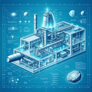 The Image Is A Blue And White Drawing Of A Factory With A Large Pipe Running Through The Center