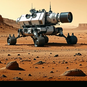 A Large Robotic Vehicle Is Driving Across A Rocky Terrain