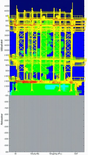 The Image Is A Blue And Yellow Graphic Of A Large Structure, Possibly A Ship Or A Building