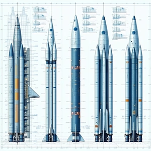 A Series Of Blue Rockets Are Displayed In A Row, Each With A Different Design