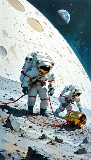 In The Image, There Are Two Astronauts Standing On A Rocky Surface, Possibly On The Moon