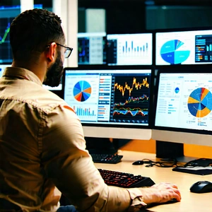Business Advertising Photography: Finance professional using multiple monitors