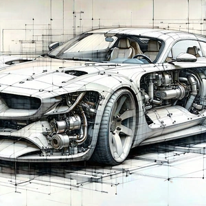 Tech Ink Drawing: Automotive Technology In Research Center With White Sports
