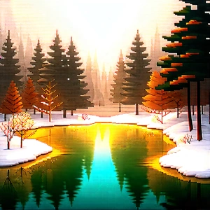 Nature Diagram Style: Tranquil Pond Surrounded By (snow:1.19)-covered Trees With Image, There