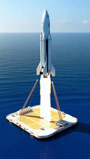 A Space Shuttle Launching From A Floating Platform In The Ocean