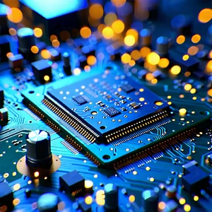 Tech Tilt-Shift Photography: Circuit board with digital particles