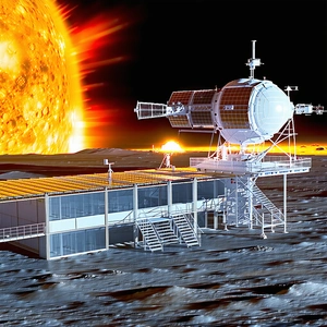 A Large Space Station Is Located On The Moon, With A Large Dome On Top
