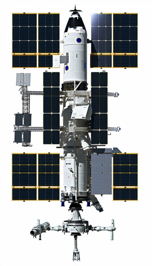 A Large Spacecraft Is Shown In A White And Blue Color Scheme