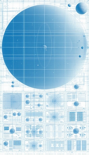 The Image Is A Blue And White Drawing Of A Space Station, With A Large Blue Circle In The Center