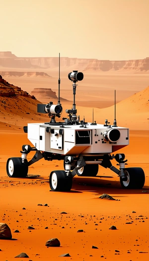 A White Robot Is Sitting On A Red Dirt Surface, With A Mountain In The Background