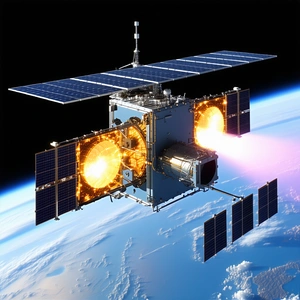 A Spacecraft With A Large, Bright Light Coming From Its Underside