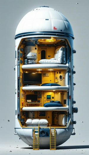 A Futuristic Space Ship Is Shown In A Three-dimensional View, With A Bedroom And A Control Room