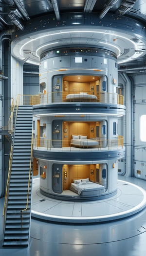 In The Image, There Is A Large, Futuristic Space Station With A Variety Of Rooms And Beds
