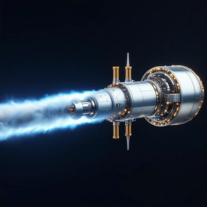 A Large, Futuristic Spacecraft Is Shown In A Dark