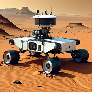 A White Robotic Vehicle, Possibly A Rover, Sitting On A Sandy Surface