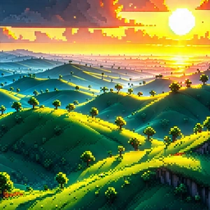 Nature Voxel Art: Rolling hills during sunset