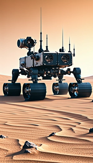 A Large Robotic Vehicle Is Standing On A Sandy Surface, Possibly A Desert