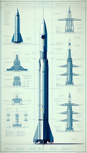 A Large Rocket Is Shown In A Blue And White Drawing