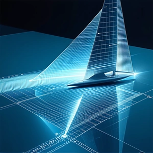 A Blue Sailboat Is Shown In A 3d Model, With Its Sails And Mast Clearly Visible