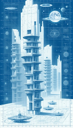 A Blue And White Drawing Of A Tall Building With Many Levels Is Displayed