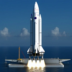 A Large White Space Shuttle Is Docked On A Floating Platform In The Ocean