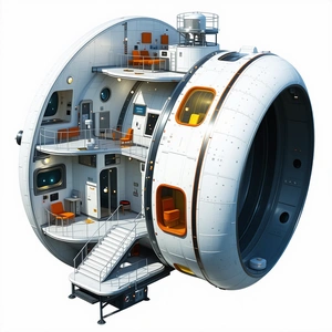 A Large, Round, White And Orange Spacecraft Is Shown In A 3d Rendering