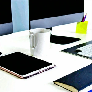 Business Cinema 4D: Workplace with digital devices on desk