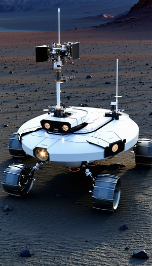 A White Robotic Vehicle With A Large Camera Mounted On Top Of It