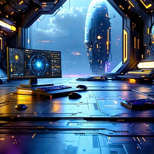 Futuristic (digital:1.26) Workspace With Image, There