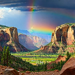 Nature Octane Render: Rainbow Over Canyon Floor With Beautiful Landscape