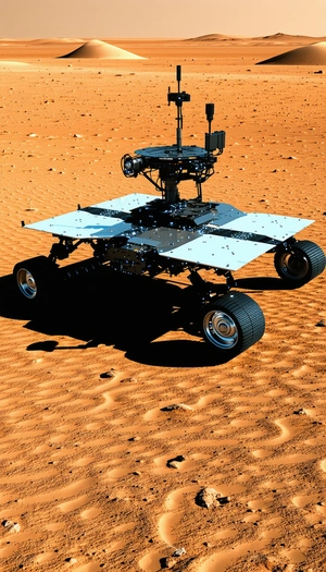 A Large, Four-wheeled Robotic Vehicle, Possibly A Rover, Driving Across A Sandy Terrain
