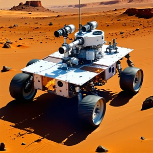 A White Robotic Vehicle With A Large Gun Mounted On The Front
