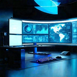 Futuristic Digital Workspace With Large Computer