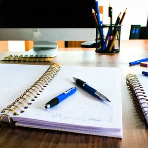 Business Blender Artwork: Workplace with notebooks and pens on desk