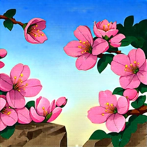 Nature Gouache Painting: Cherry Blossoms In Rocky Terrain With Beautiful Scene