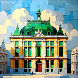 Urban Acrylic Painting: Historic building with green rooftop