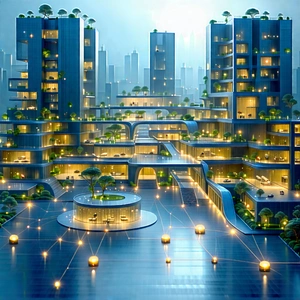 Tech Architectural Photography: Blockchain Network Visualization With Futuristic City,