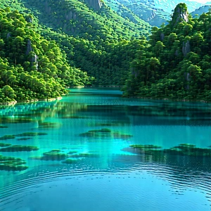 Nature Octane Render: Crystal clear lake surrounded by lush vegetation