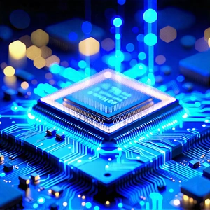 Tech Digital Art: Microchip with blue light glow